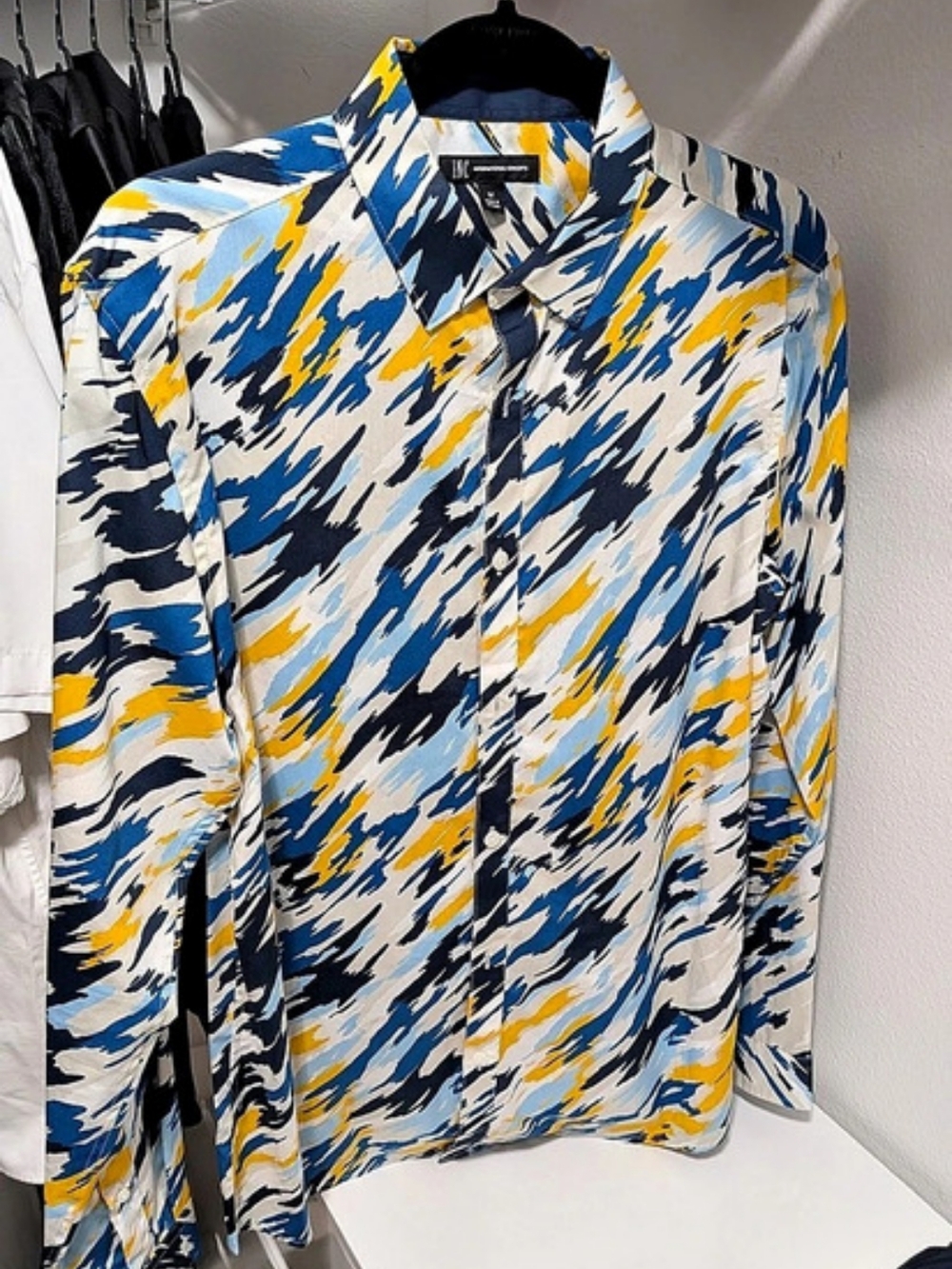 INC International Concepts Abstract Button Down Shirt in Blue & Yellow Size